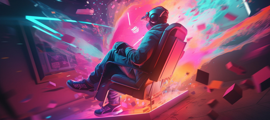 A man sitting on a chair, wearing a headgear and learning how to access the metaverse.