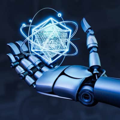 A robot hand handling a futuristic multi-dimensional object.