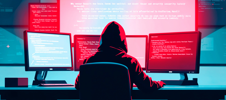 A hacker on multiple screens preparing some types of ransomware.