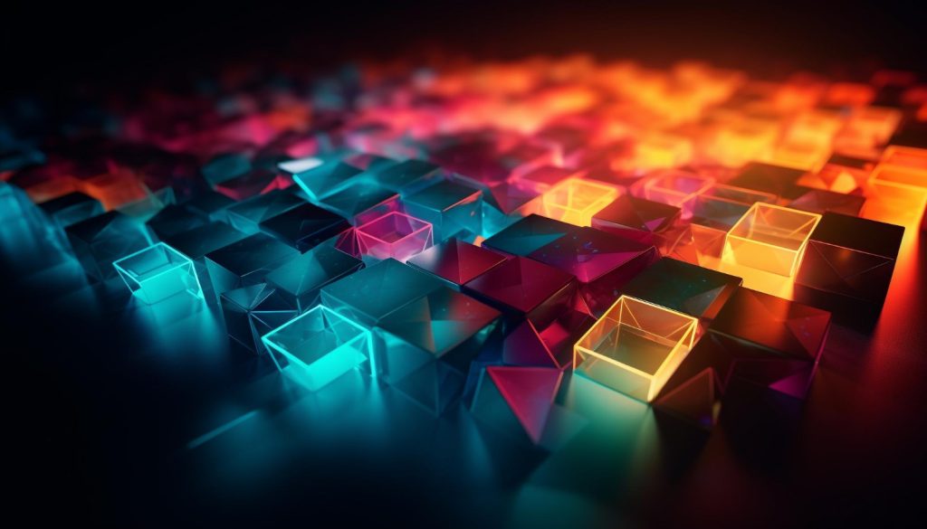 Augmented reality trends illustrated as multi colored cubes with light in them. 