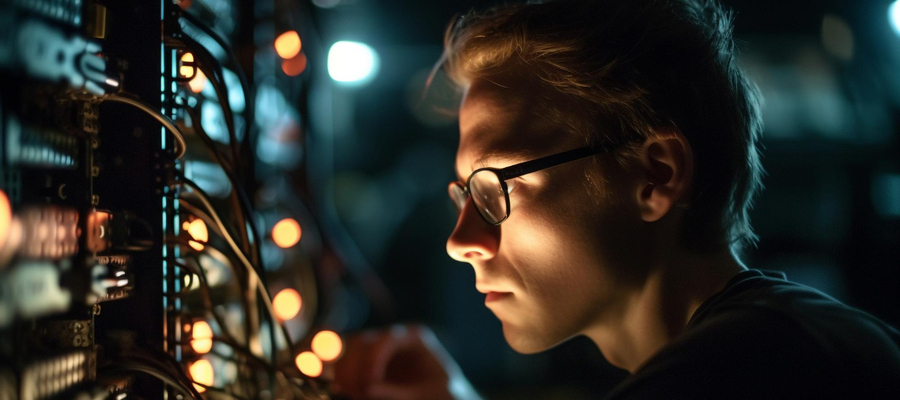 A cloud computing security technician connecting cables behind servers.