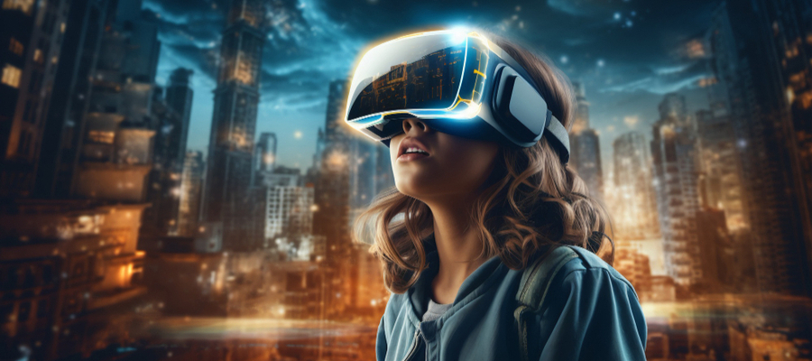 A young woman wearing goggles immersed in a virtual city based on the future of virtual reality.