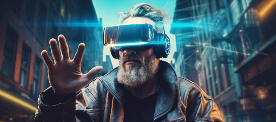 A man with grey hair and beard with VR goggles trying to touch a simulated object.