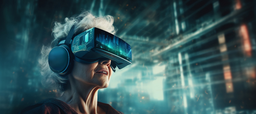 An old woman with grey hair wearing goggles and a headset enjoying the future of virtual reality