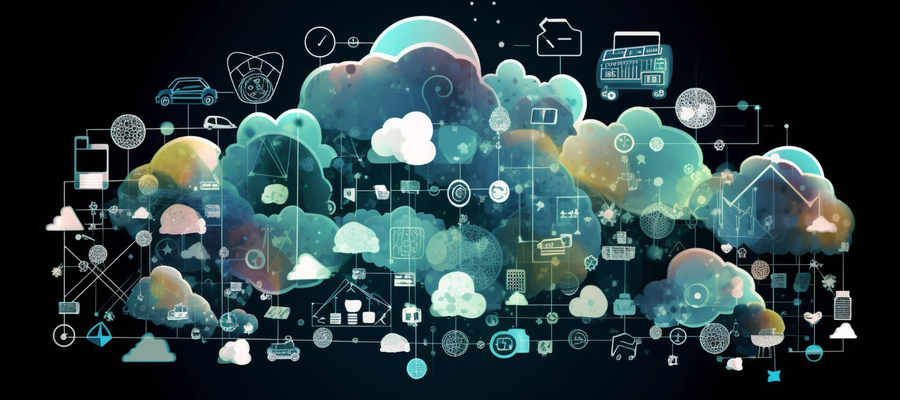 Different sizes of interconnected clouds and devices using data from them.