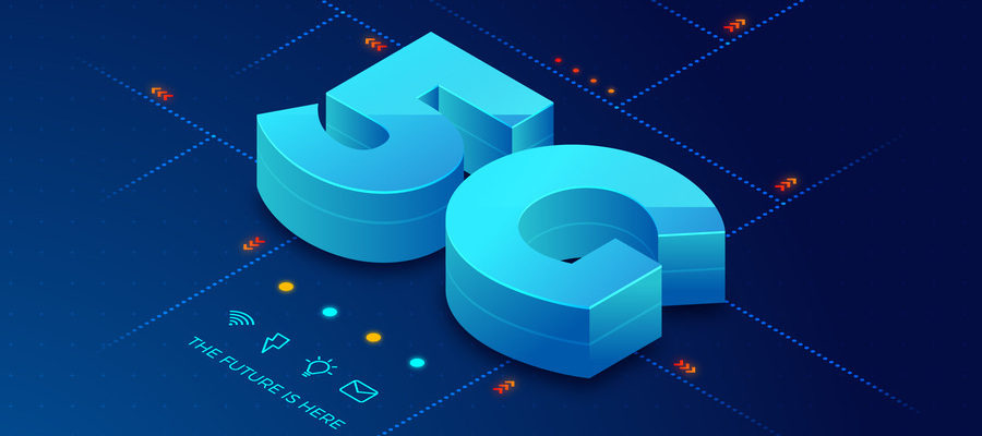 An illustration of the word 5G on a blue canvass that says "the future is here."