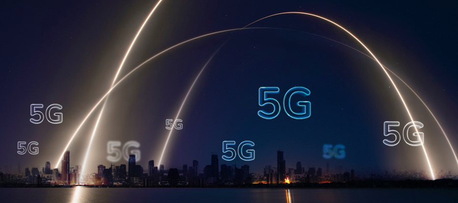 Curved light beams across the cityscape illustrating 5G and AI