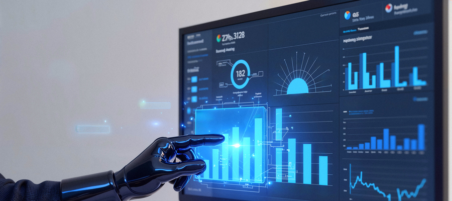 A finger pointing at a monitor with different graphs of artificial intelligence trends.