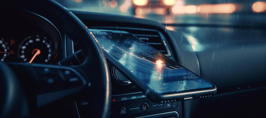 A touch screen on a smart device located next to the steering wheel.