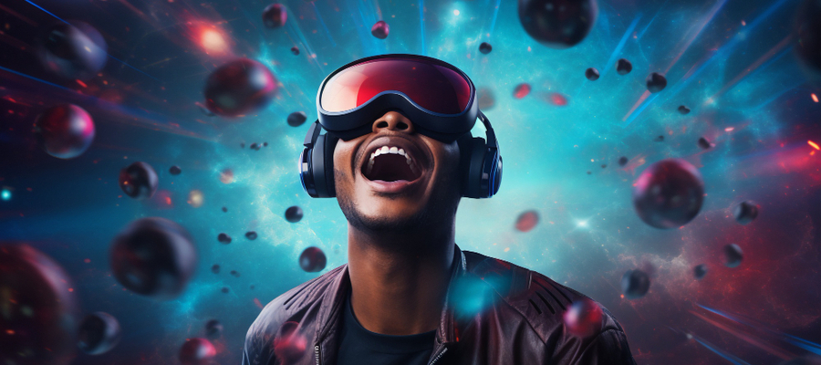 A game wearing goggles and a headset enjoying virtual reality games.