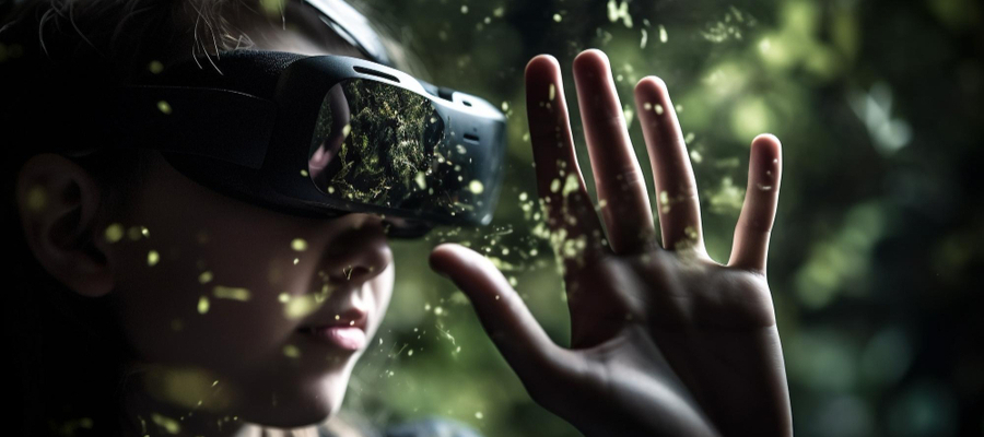 A virtual reality games user feels like she is almost touching a virtual object.