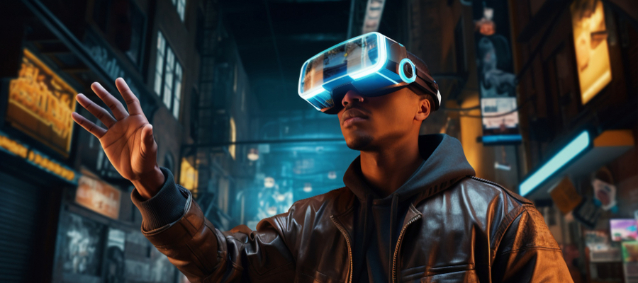 A young man wearing goggles and immersed in virtual reality.