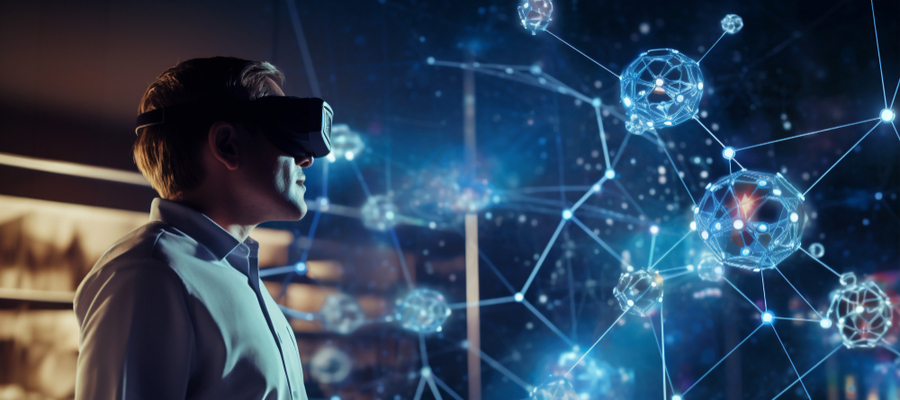 A man wearing goggles and interacting with an abstract world/