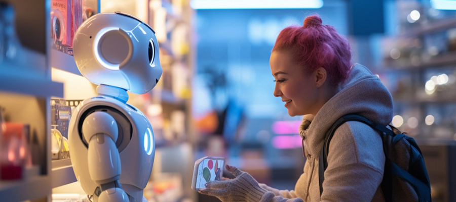 Shopper interaction with a robot using one of the best conversational AI platforms.