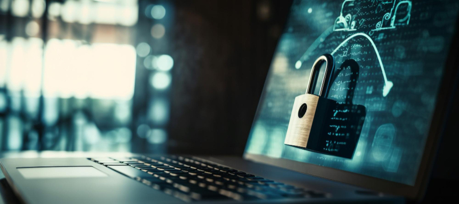 An illustration of cybersecurity management with a padlock on a monitor.