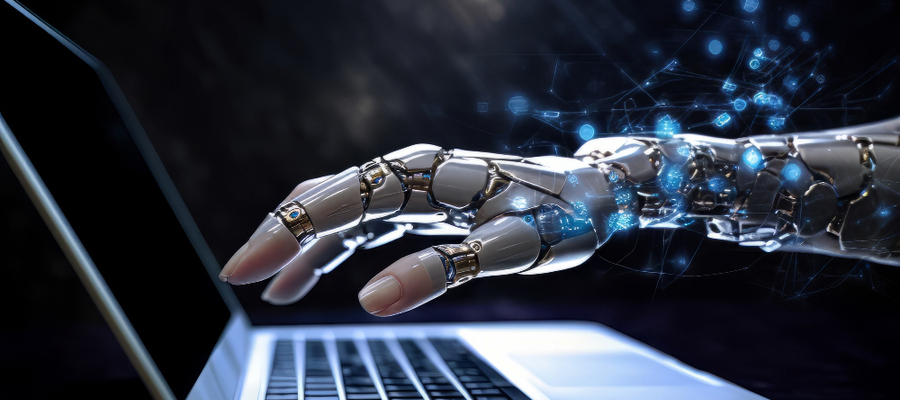 Depiction of robotic hand above laptop