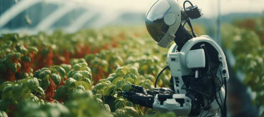Robot driven by AI in agriculture processes tending to crops.