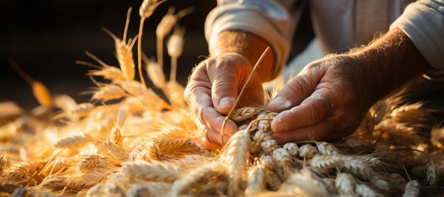 A farmer processing wheat with his bare hands.