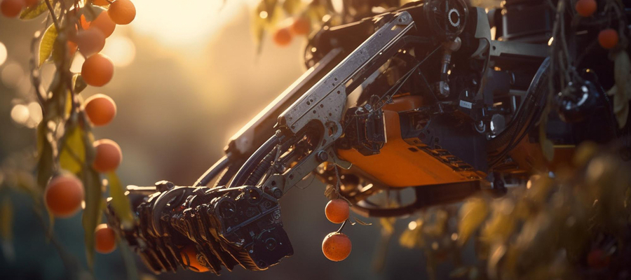 An automatic machine harvesting oranges and assisted by AI in agriculture technologies.