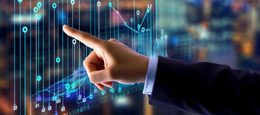 The hand of a businessman pointing at AI in Fintech data.