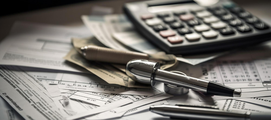 Simple calculator and pens on top of finance documents.