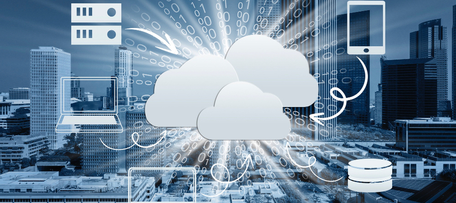 Cloud computing connecting servers, databases, desktop and mobile devices.