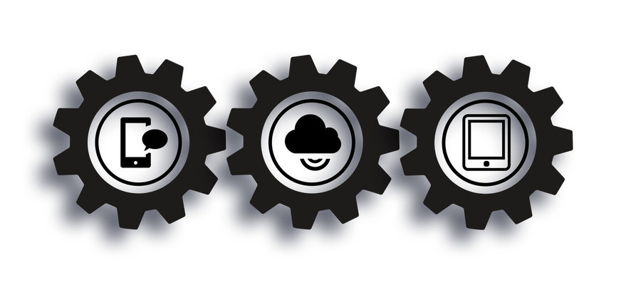 Three connected gears with the cloud in the middle and tablets on the sides.