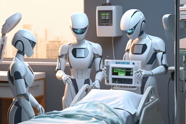 Robots attending to data in a hospital room using Generative AI in Healthcare.