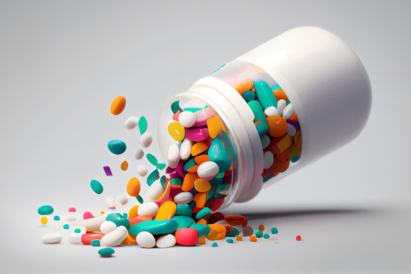 Personal medicine pills coming out of a bottle.