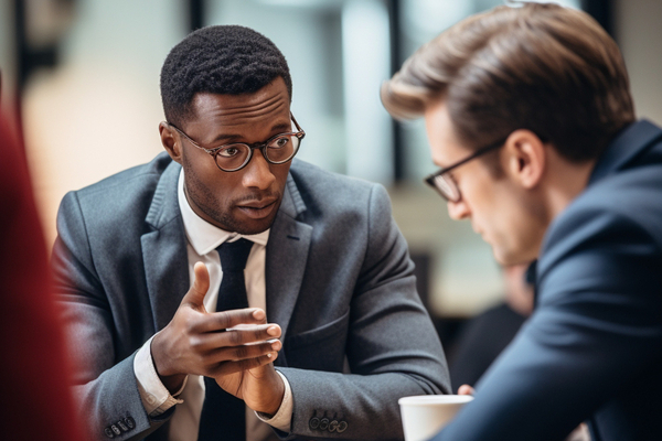 Two men discussing the need for collaboration in Generative AI in Healthcare.