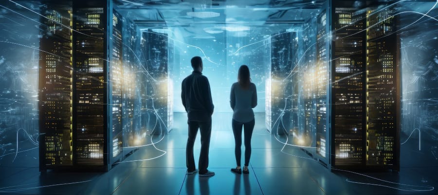 Technicians in a data center used for IBM Could vs AWS analysis.