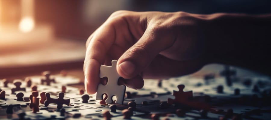 A hand is deciding where to place a jigsaw puzzle piece - a decision awaits.