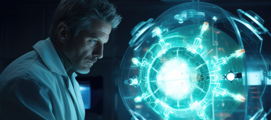 A computer scientist is interacting with a Quantum AI machine.