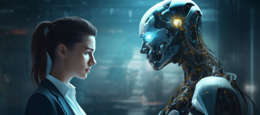 Illustration of a person facing a mean-looking Quantum AI machine.