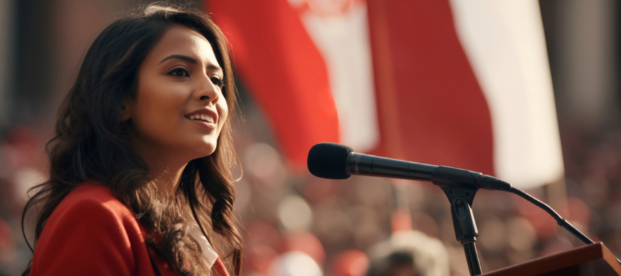 Female speaker providing though leadership at business conference.