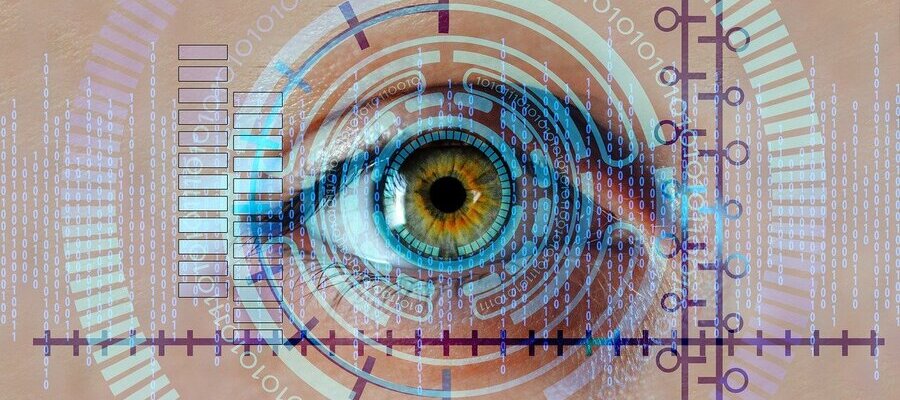 A human eye being scanned using biometric authentication methods.