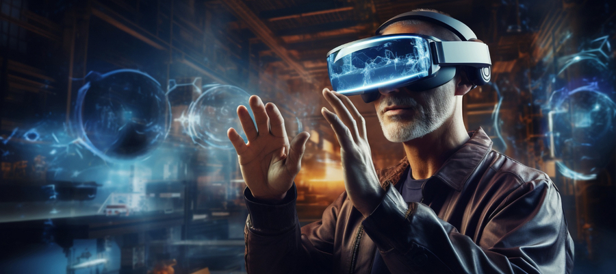 A man in a factory wearing a headset and interacting with virtual objects.