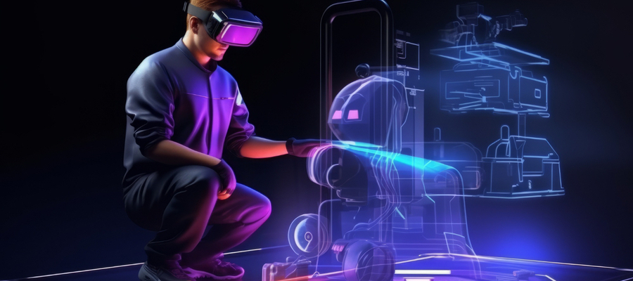 A factory worker learning how to carry out machine processes while wearing an AR headset.