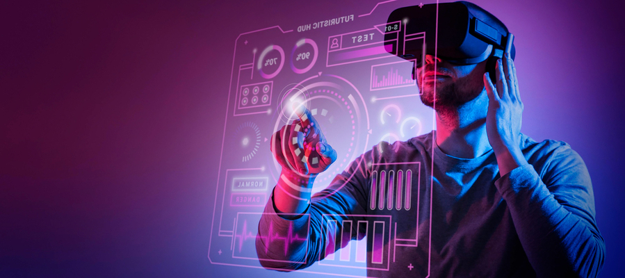 A man wearing a headset and interacting with a virtual display panel in augmented reality training.