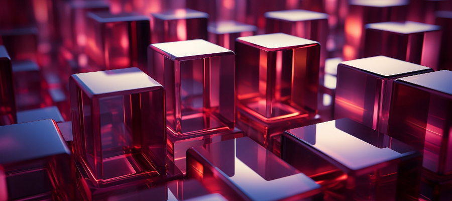 Blockchain technology depicted as purple glass cubes in blockchain cybersecurity.