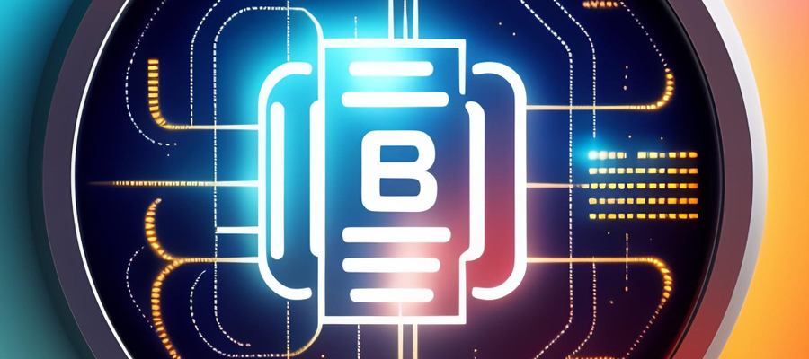 Blockchain technology depicted as a glowing circuit with the letter B in blockchain cybersecurity.
