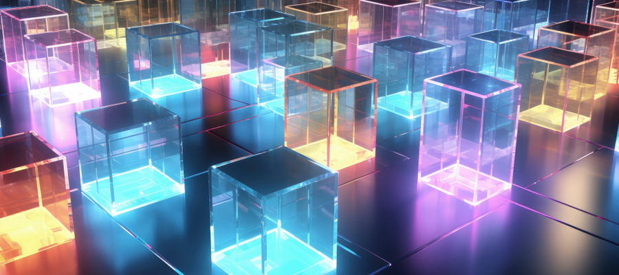 Blockchain technology illustrated as mulit-colored glass cubes in blockchain cybersecurity.
