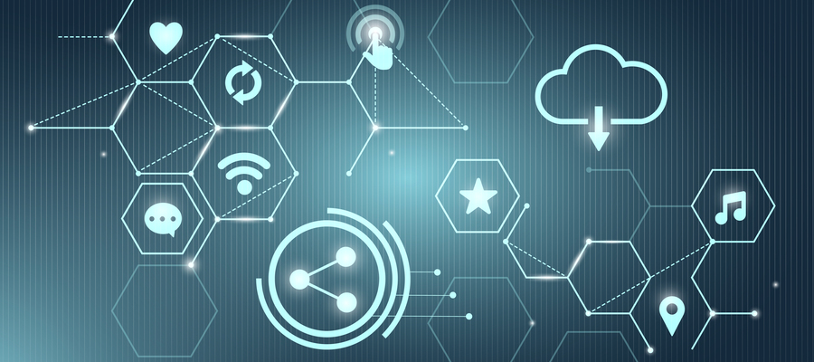 Green elements of cloud computing solutions depicted inside hexagons.