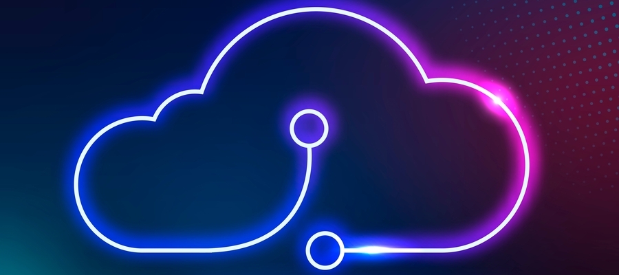 A cloud computing environment depicted as neon light lines with two end points.