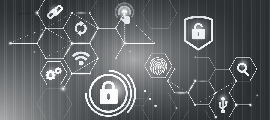 Grey cybersecurity aspects of cloud computing solutions shown inside hexagons.