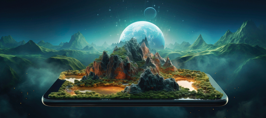 A 3D rendering of mountains and planets emerging from a mobile augmented reality smart device.