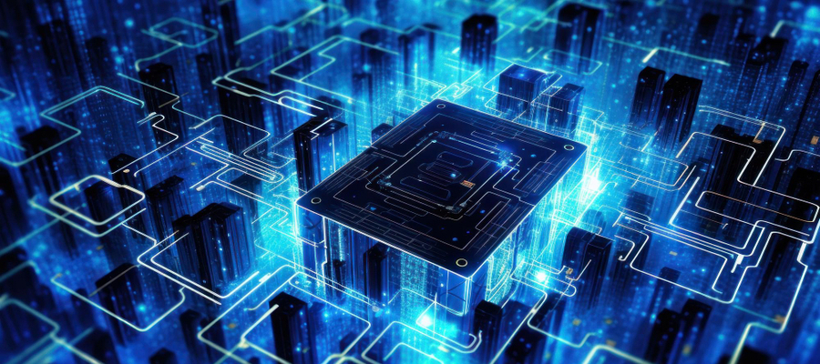 The inside of a post-quantum machine illustrated as a futuristic circuit board.