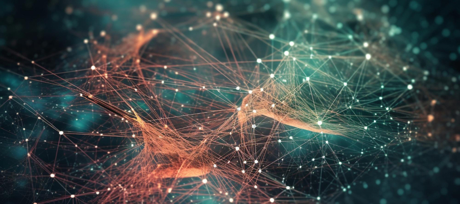 Depiction of virtually connected computer nodes in quantum cryptography companies.