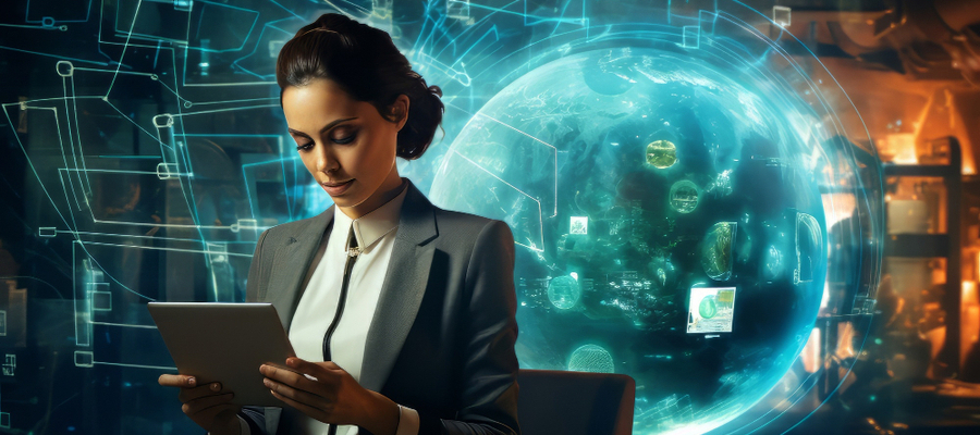 A female IT professional reviewing serverless computing examples with a futuristic virtual server environment in the background.
