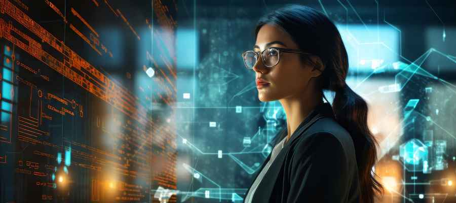 A bespectacled female software developer looking at code on a large screen.